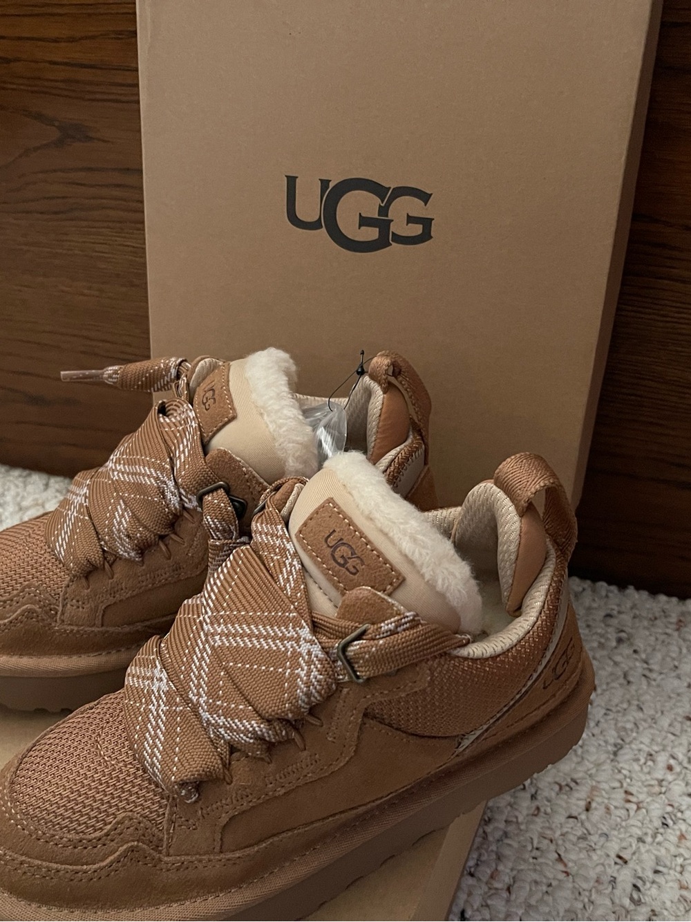 UGG Tan Lace-Up Shearling-Trim Sneakers